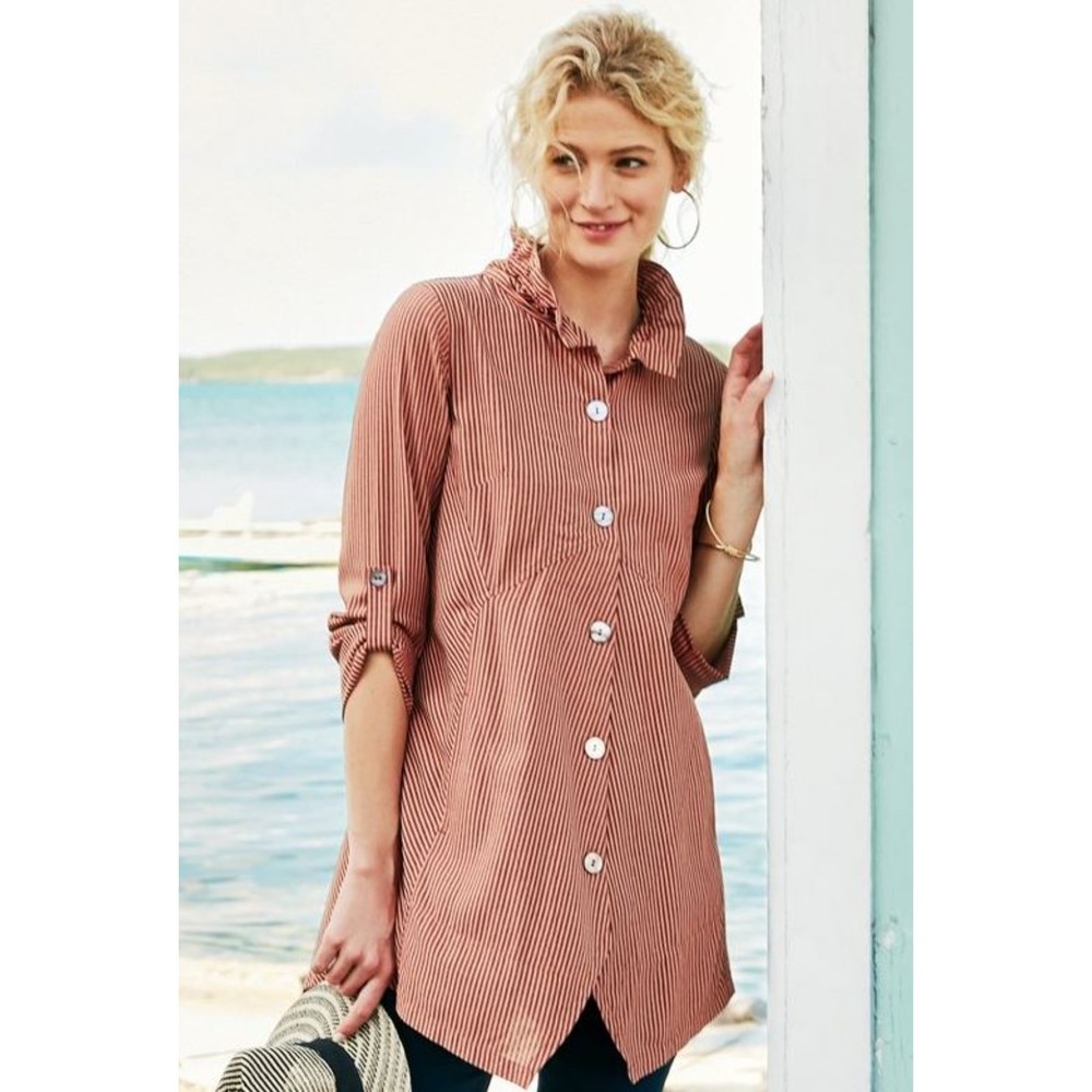 Soft Surroundings Sasha Pearl Button Boho Lagenlook Pocket Stripe Tunic Size L